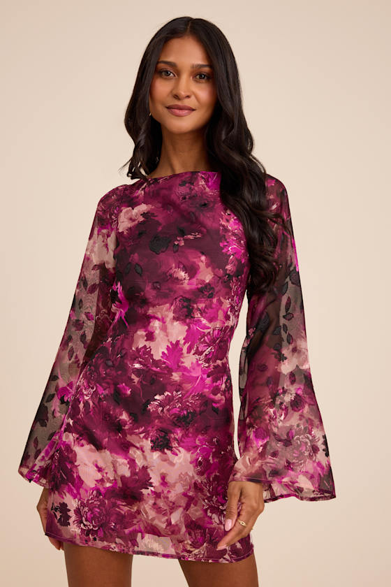 Jaleen Plum Floral Jacquard Bell Sleeve Mini Dress 1