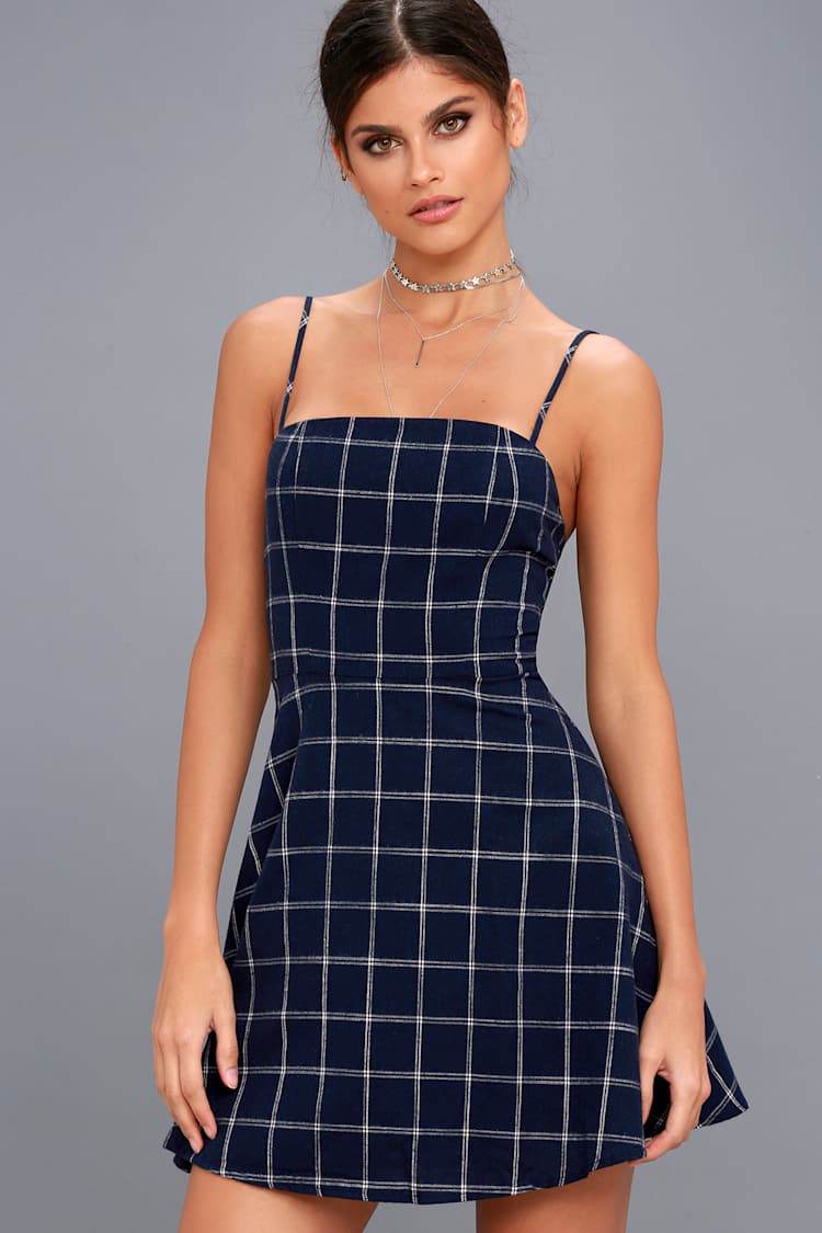 Cute Navy Blue Plaid Dress - Mini Dress - Mini Skater Dress - Lulus