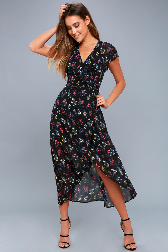 Lovely Black Floral Print Dress - Midi Dress - Wrap Dress - Lulus