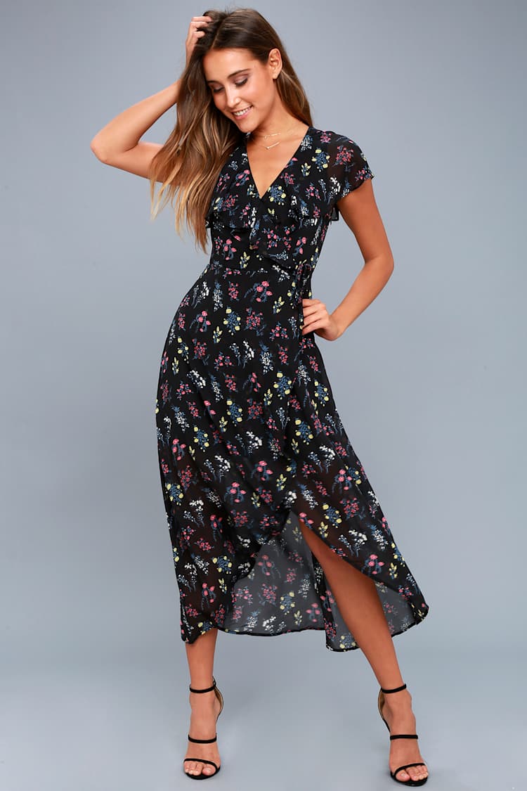 Lovely Black Floral Print Dress - Midi Dress - Wrap Dress - Lulus