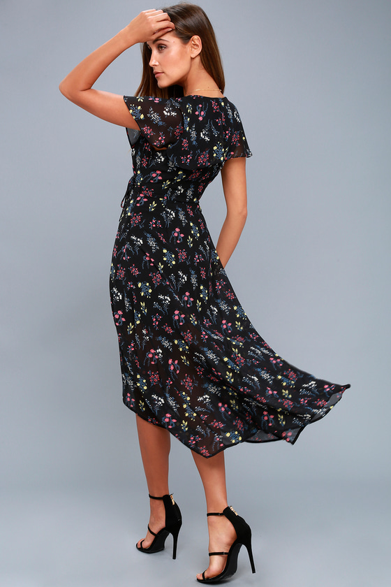 Lovely Black Floral Print Dress - Midi Dress - Wrap Dress