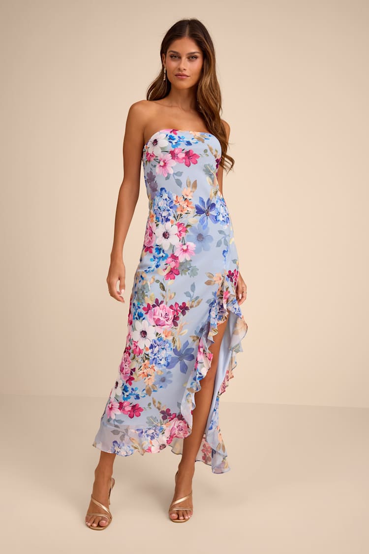 Light Blue Ruffled Dress - Floral Midi Dress - Strapless Dress