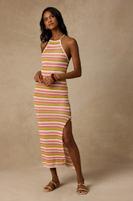Nalani Pink Multi Striped Crochet Halter Midi Dress 2