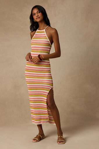 Nalani Pink Multi Striped Crochet Halter Midi Dress 2