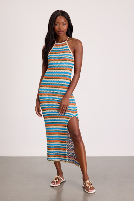 Nalani Blue Multi Striped Crochet Halter Midi Dress 1