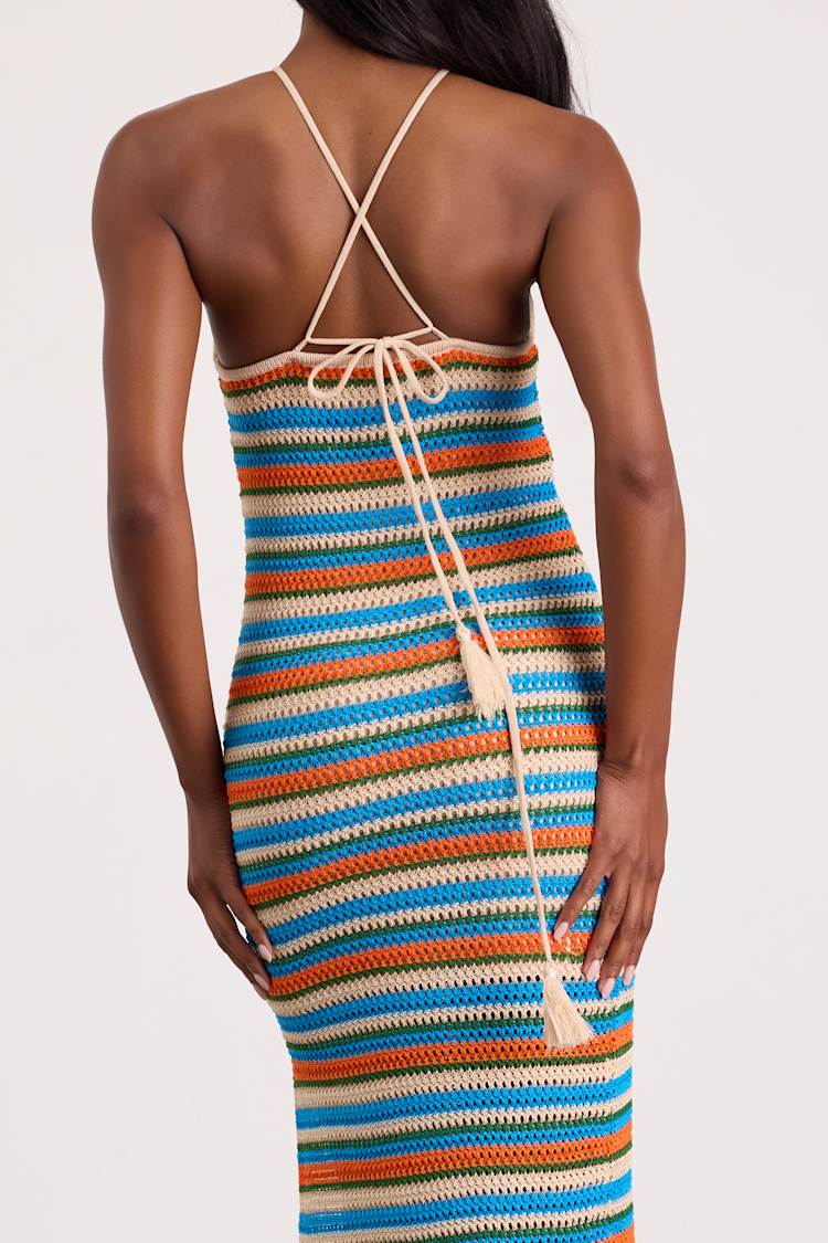 Blue Multi Striped Dress - Crochet Knit Midi Dress - Halter Dress - Lulus