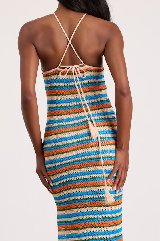 Nalani Blue Multi Striped Crochet Halter Midi Dress 2