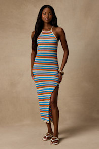 Nalani Blue Multi Striped Crochet Halter Midi Dress 2