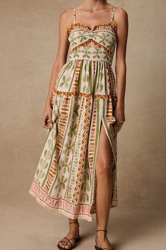 Fiora Cream Multi Boho Print Ruffled Midi Dress 1
