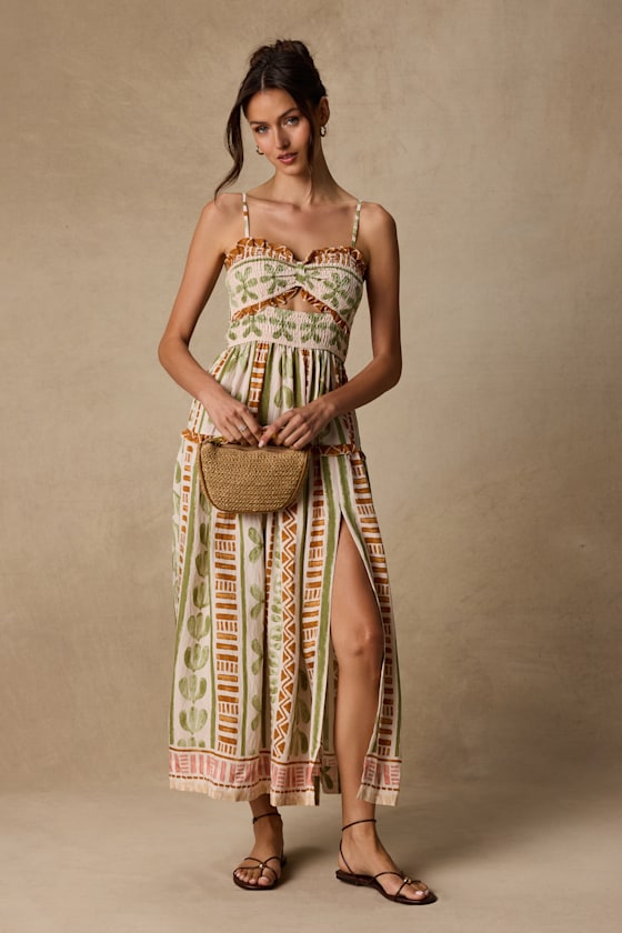 Fiora Cream Multi Boho Print Ruffled Midi Dress 2
