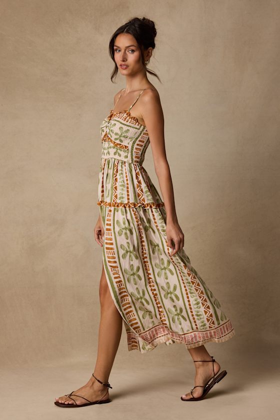 Fiora Cream Multi Boho Print Ruffled Midi Dress 5