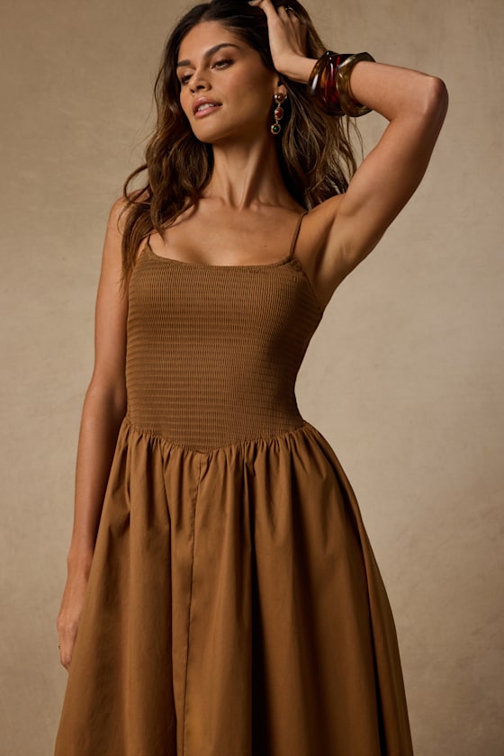 Tandria Light Brown Smocked Sleeveless Midi Dress 2
