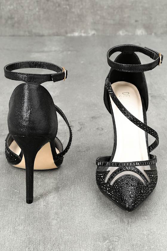 Chic Rhinestone Heels Black Heels Anklestrap Heels