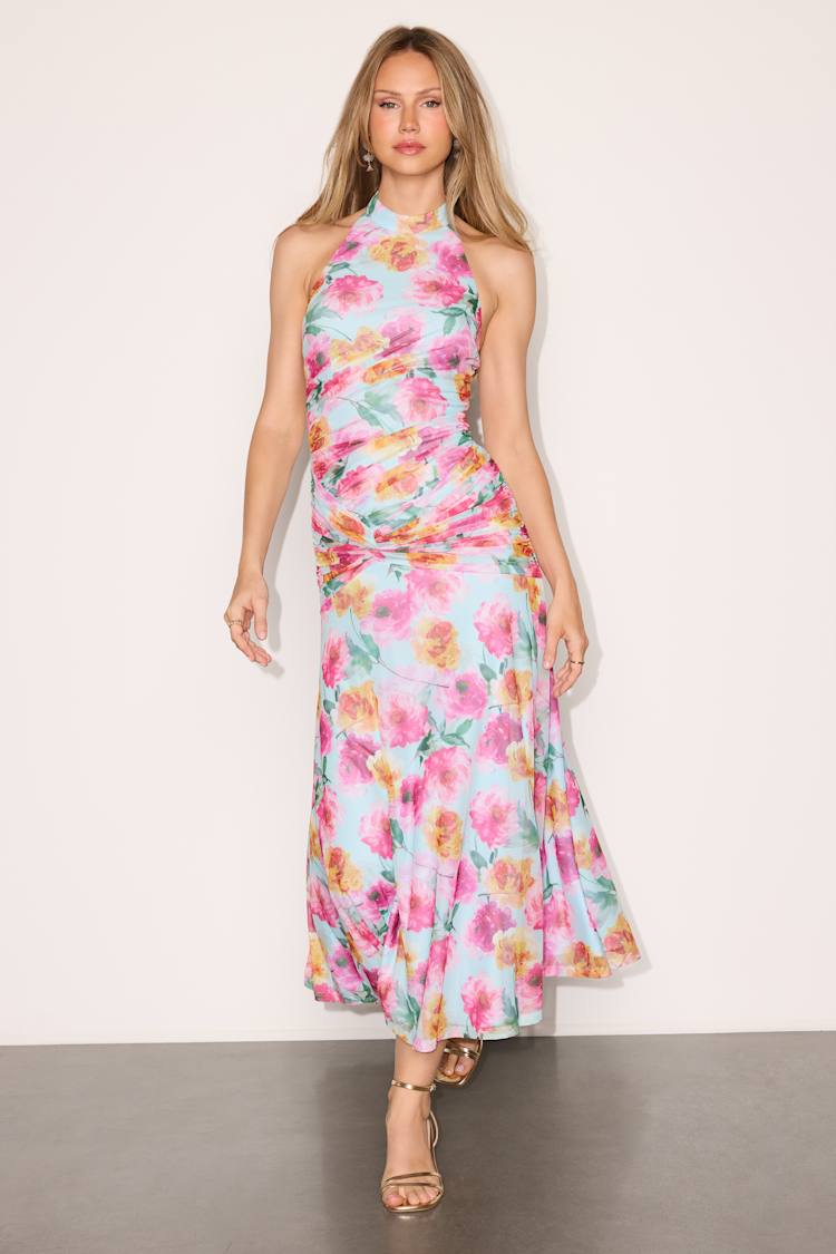 mesh halter wrap midi dress Lulus | Light Blue Multi | Womens | X-Small (Available in S, M, L, XL) GLGL3789