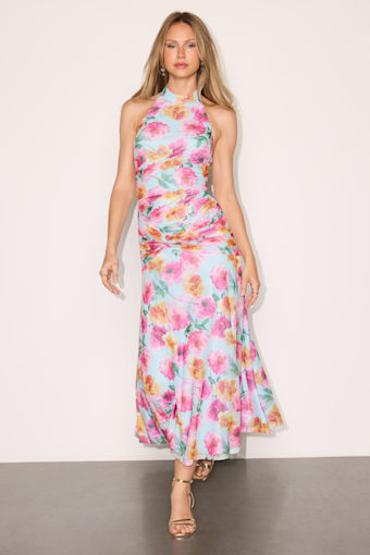 Nancy Light Blue Multi Mesh Halter Midi Dress 1