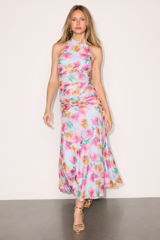 Nancy Light Blue Multi Mesh Halter Midi Dress 1
