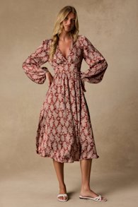 Graceful Impression Rust Red Floral Print Midi Dress 1