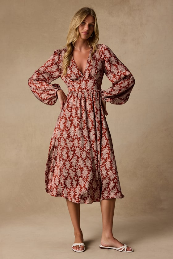 Graceful Impression Rust Red Floral Print Midi Dress 1
