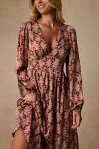 Graceful Impression Rust Red Floral Print Midi Dress 2
