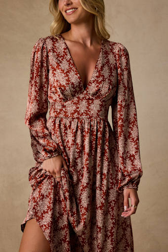 Graceful Impression Rust Red Floral Print Midi Dress 2