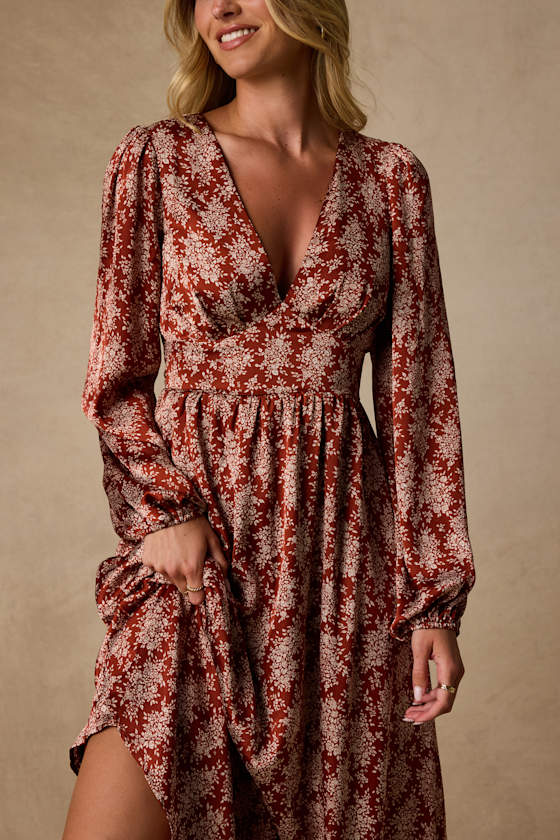 Graceful Impression Rust Red Floral Print Midi Dress 2