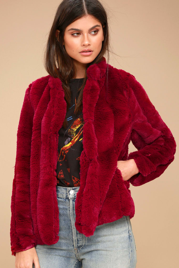 Fancy Ladies Fluffy Fox Fur Wide Lapel Wine Red Jacket Women