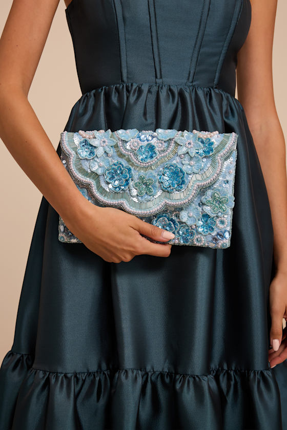 Marlea Light Blue Sequin Floral Crossbody Clutch - thumbnail 3