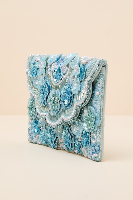 Marlea Light Blue Sequin Floral Crossbody Clutch - thumbnail 4
