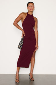 Deziree Burgundy Halter Bodycon Midi Dress 1