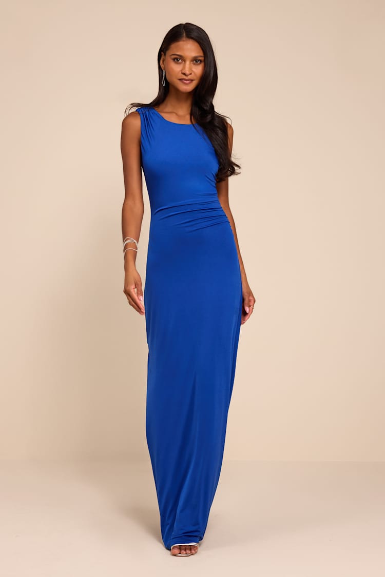 blue stretchy dress Blue Slinky Dress - Plunging Cowl Dress - Backless Midi Dress