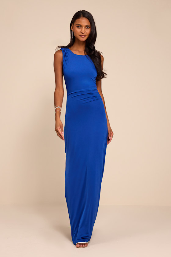 Significant Allure Blue Slinky Knit Ruched Maxi Dress 1