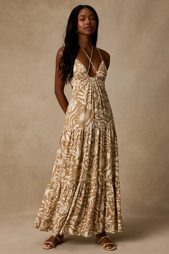 Mykonos Memories Tan and Ivory Abstract Maxi Dress With Pockets 1