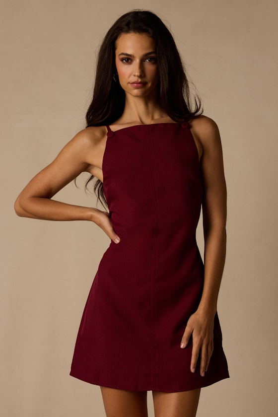 wine red mini dress ROMY length silhouette brings a modern edge Women's Valentina Applique Mini Dress