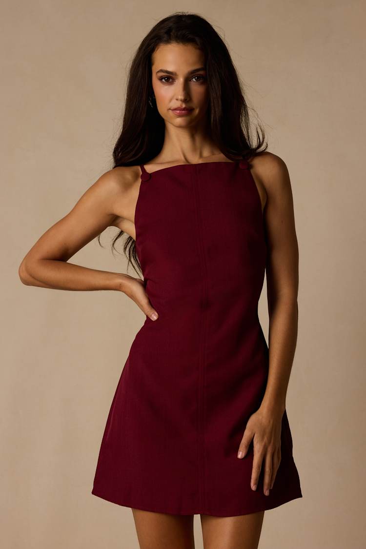 red a line mini dress Constance wine-red cape-design A-line up back adds a custom fit and a romantic touch REMY RED A-LINE ROUND NECK