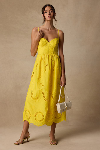 Jenora Yellow Embroidered Bustier Midi Dress 1