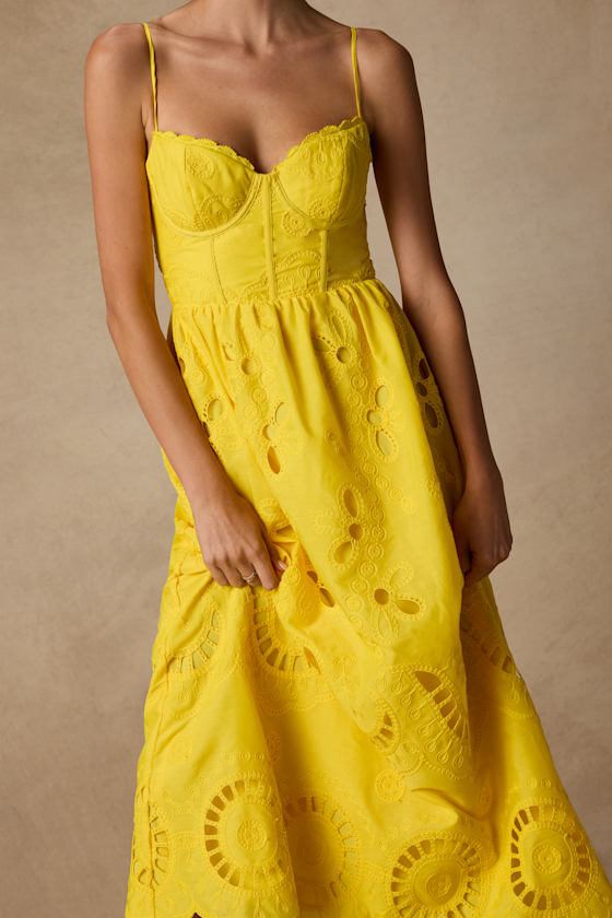 Jenora Yellow Embroidered Bustier Midi Dress 2