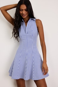 Zenley Blue Gingham Collared Skater Mini Dress 1