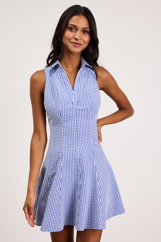 Zenley Blue Gingham Collared Skater Mini Dress 2