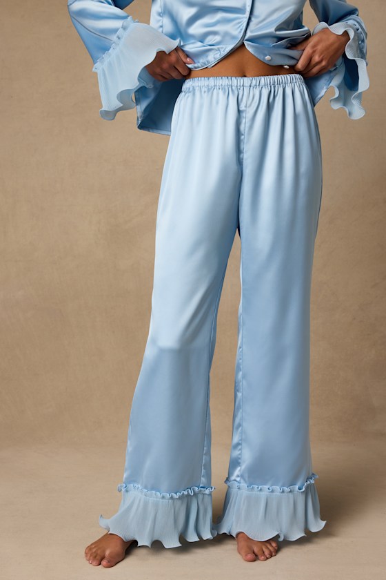 Melanie Light Blue Satin Ruffled Two-Piece Pajama Set - thumbnail 3