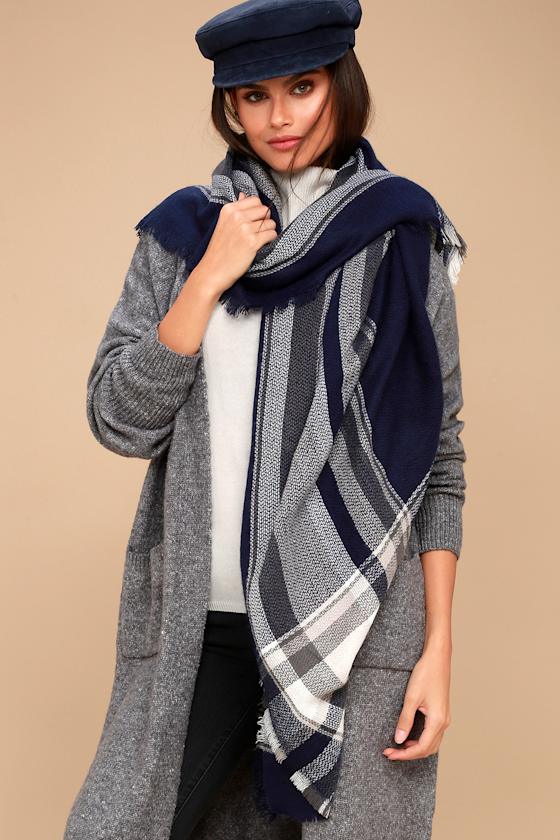 Cute Navy Blue Plaid Scarf - Square Scarf - Acrylic Scarf - Lulus
