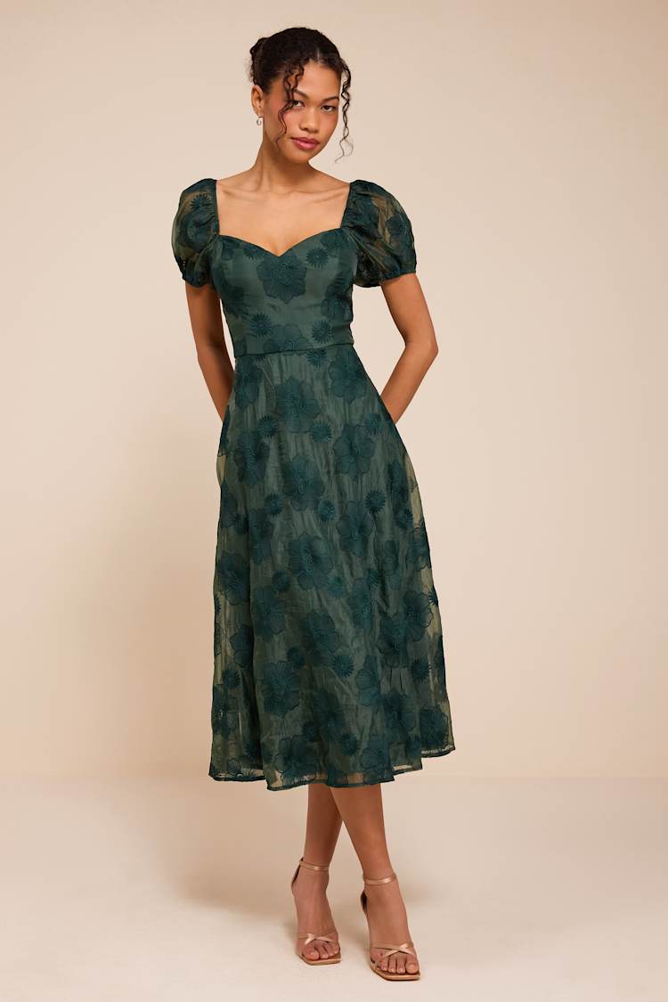 midi dresses cute Dress Lulus Lulus Green Sweetest Behavior Emerald Embroidered Puff Sleeve Midi Dress Womens Medium (Available In XS, S, XL) 100% Polyester Floral midi Color:Wine 长款连衣裙 Men's Shoes, Clothing & length Gentle puff sleeves