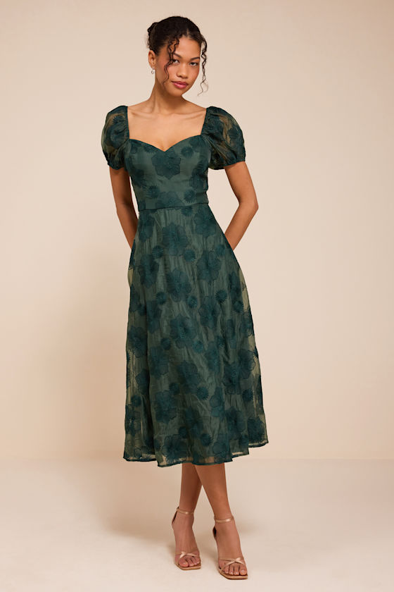 Sweetest Behavior Emerald Embroidered Puff Sleeve Midi Dress 1