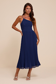 Wondrous Muse Dark Blue Pleated One-Shoulder Midi Dress 1