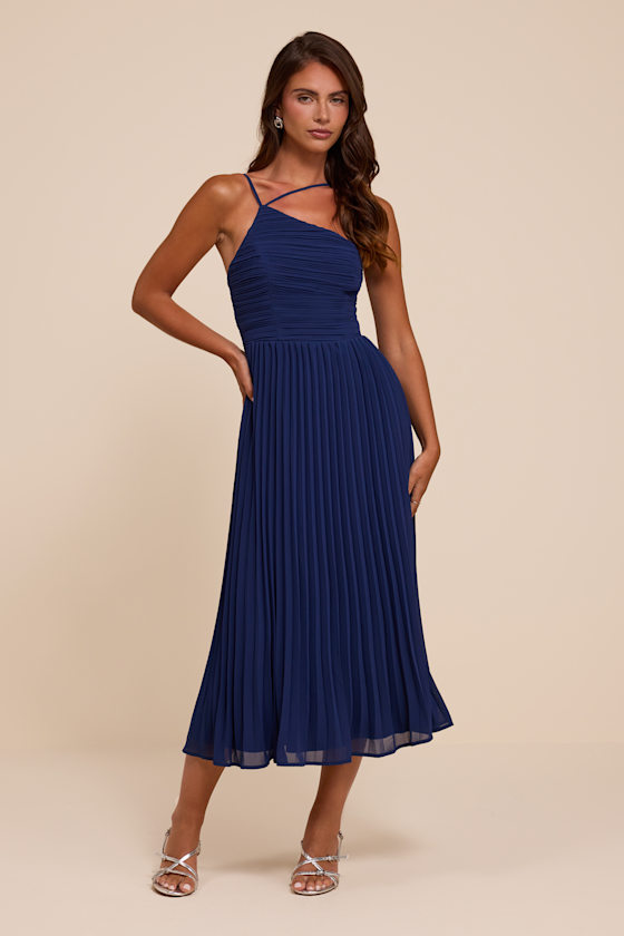 Wondrous Muse Dark Blue Pleated One-Shoulder Midi Dress 1
