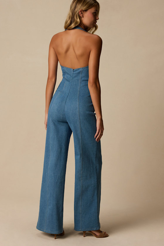 Bowie Medium Wash Denim Wide-Leg Jumpsuit - thumbnail 3