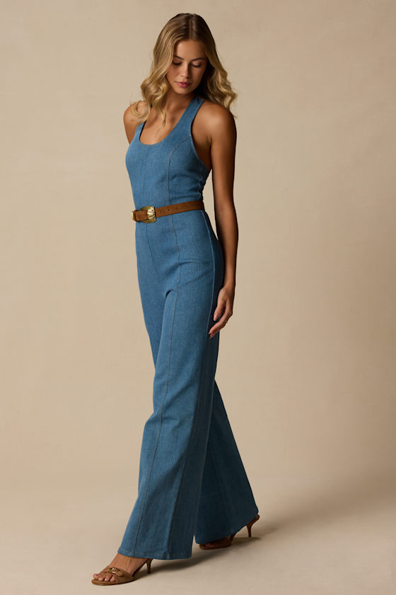 Bowie Medium Wash Denim Wide-Leg Jumpsuit - thumbnail 4