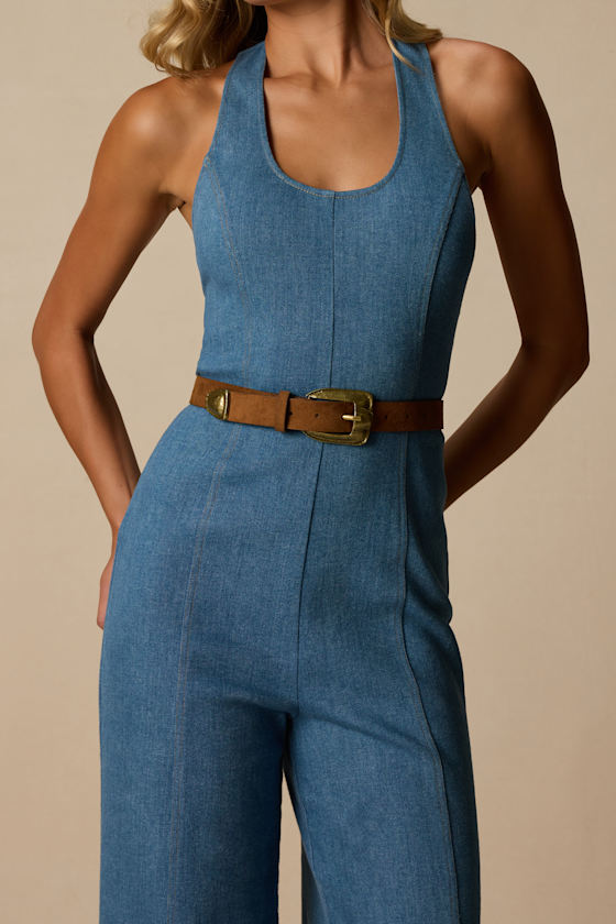 Bowie Medium Wash Denim Wide-Leg Jumpsuit - thumbnail 5