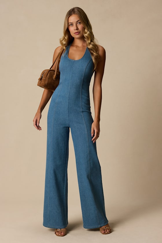 Bowie Medium Wash Denim Wide-Leg Jumpsuit - thumbnail 6
