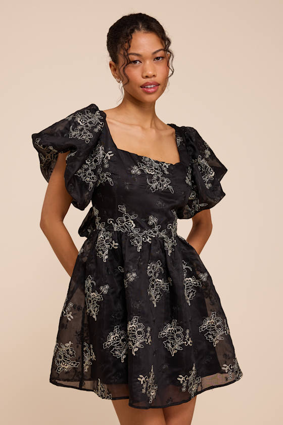 Cathaysa Black Embroidered Puff Sleeve Bow Mini Dress 1