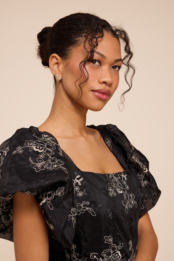 Cathaysa Black Embroidered Puff Sleeve Bow Mini Dress 2